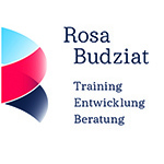 Im Logo von Rosa Budziat ist ein R und B mit einer Reflexionsschleife künstlerisch gestaltet. 