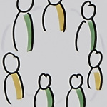 Das Bild zeigt menschliche Figuren, die  im Kreis einander zugewandt sind.